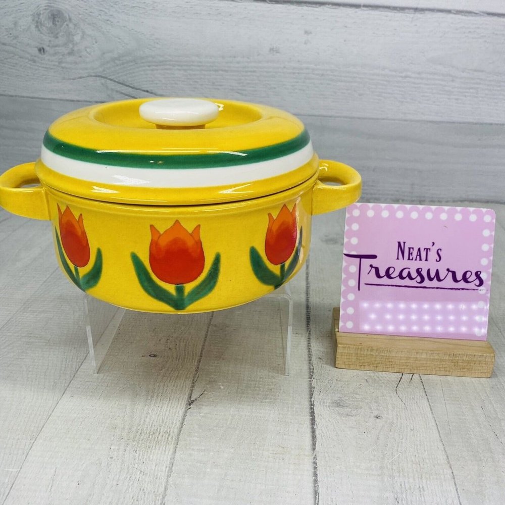 Vintage Georges Briard ORANGE TULIP Yellow Handle Stoneware Covered Bowl Dish